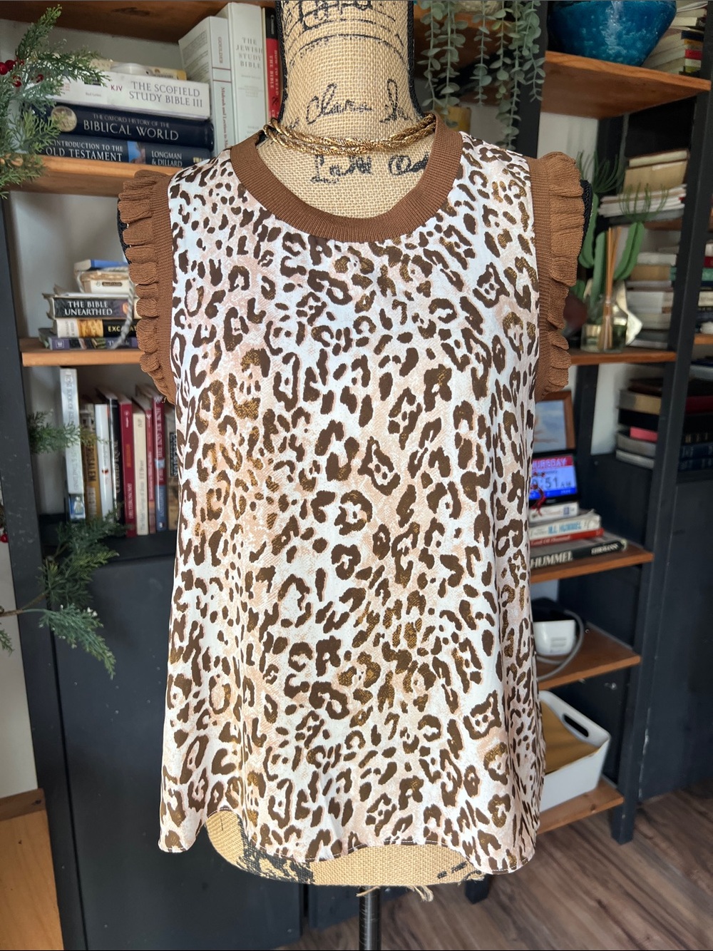 Current Air Brown & Cream Leopard Print Knit Tank with Ruffle Trim